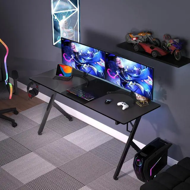 Alt view image 3 of 7 - Game Table 63",Carbon Fiber Surface Computer Desk, Mouse Pad, USB, Ergonomic E-Sports Style Gaming Table, Headphone Hooks, Black