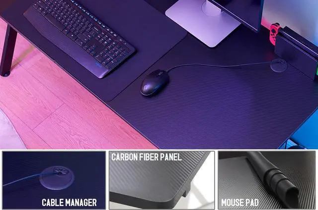 Alt view image 7 of 7 - Game Table 63",Carbon Fiber Surface Computer Desk, Mouse Pad, USB, Ergonomic E-Sports Style Gaming Table, Headphone Hooks, Black