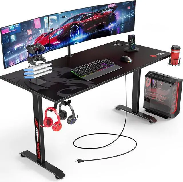 Main image of Gaming Desk 60 INCH, T- Shaped Carbon Fiber Surface Computer Desk with Full Mouse Pad, Ergonomic E-Sport Style Gamer Desk with Double Headphone Hook, USB Gaming Rack, Cup Holder