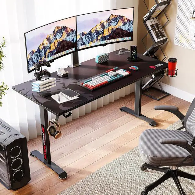 Alt view image 2 of 7 - Gaming Desk 60 INCH, T- Shaped Carbon Fiber Surface Computer Desk with Full Mouse Pad, Ergonomic E-Sport Style Gamer Desk with Double Headphone Hook, USB Gaming Rack, Cup Holder