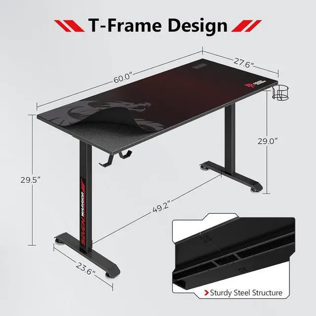 Alt view image 3 of 7 - Gaming Desk 60 INCH, T- Shaped Carbon Fiber Surface Computer Desk with Full Mouse Pad, Ergonomic E-Sport Style Gamer Desk with Double Headphone Hook, USB Gaming Rack, Cup Holder