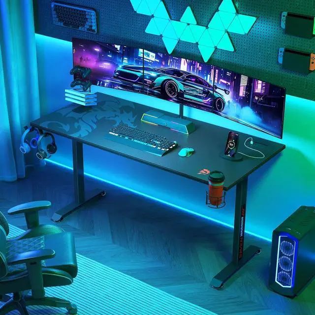 Alt view image 4 of 7 - Gaming Desk 60 INCH, T- Shaped Carbon Fiber Surface Computer Desk with Full Mouse Pad, Ergonomic E-Sport Style Gamer Desk with Double Headphone Hook, USB Gaming Rack, Cup Holder