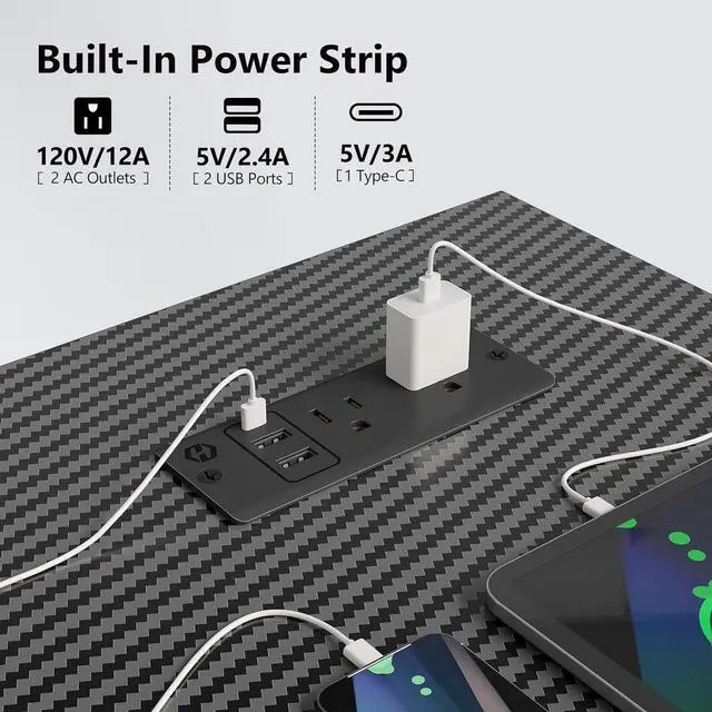 Alt view image 6 of 7 - Gaming Desk 60 INCH, T- Shaped Carbon Fiber Surface Computer Desk with Full Mouse Pad, Ergonomic E-Sport Style Gamer Desk with Double Headphone Hook, USB Gaming Rack, Cup Holder