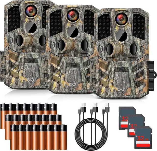 Main image of Trail Camera 3 Pack 36MP 1920P HD Game Camera with SD Cards, 0.2s Trigger Time Infrared Night Vision Motion Activated Hunting Cam, IP66 Waterproof 2.0''LCD Wildlife Camera for Monitoring