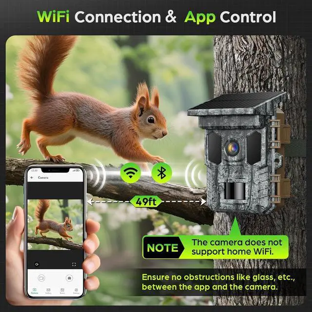 Alt view image 2 of 7 - WiFi Solar Trail Camera, Rechargeable 4K 64MP Trail Cam with Night Vision Motion Activated Waterproof IP66, 0.2s Trigger Game Cam with 850nm Low Glow Infrared LEDs, 32GB SD Card