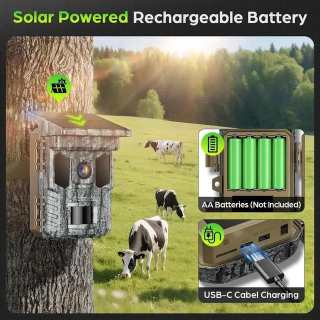 Alt view image 6 of 7 - WiFi Solar Trail Camera, Rechargeable 4K 64MP Trail Cam with Night Vision Motion Activated Waterproof IP66, 0.2s Trigger Game Cam with 850nm Low Glow Infrared LEDs, 32GB SD Card