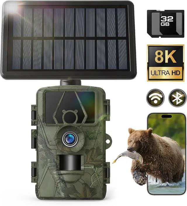 Main image of Solar Trail Camera 8K 30FPS, 60MP Bluetooth WiFi Game Camera, APP Control Trail Cam, 120° Detection Angle/Night Vision/0.1S Trigger Motion Activated/IP66 Waterproof, Deer for Wildlife Farm
