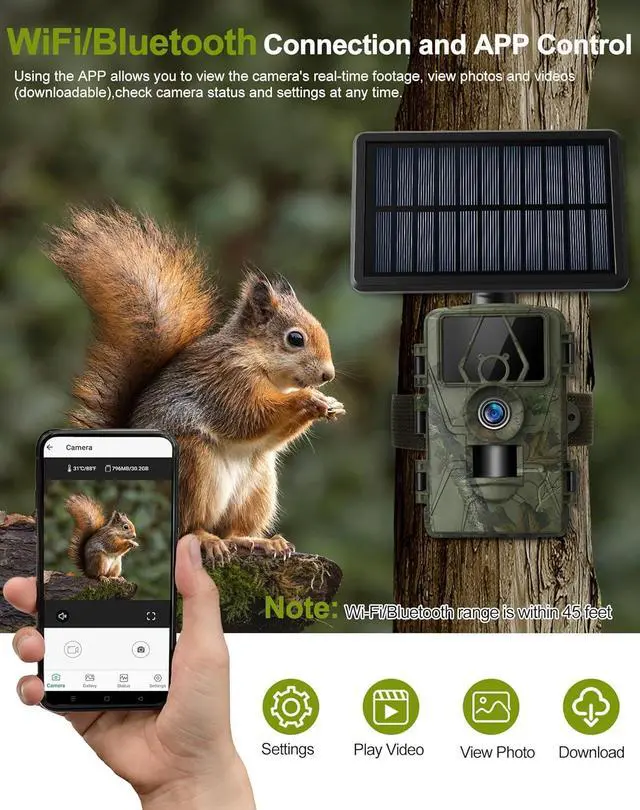 Alt view image 2 of 7 - Solar Trail Camera 8K 30FPS, 60MP Bluetooth WiFi Game Camera, APP Control Trail Cam, 120° Detection Angle/Night Vision/0.1S Trigger Motion Activated/IP66 Waterproof, Deer for Wildlife Farm