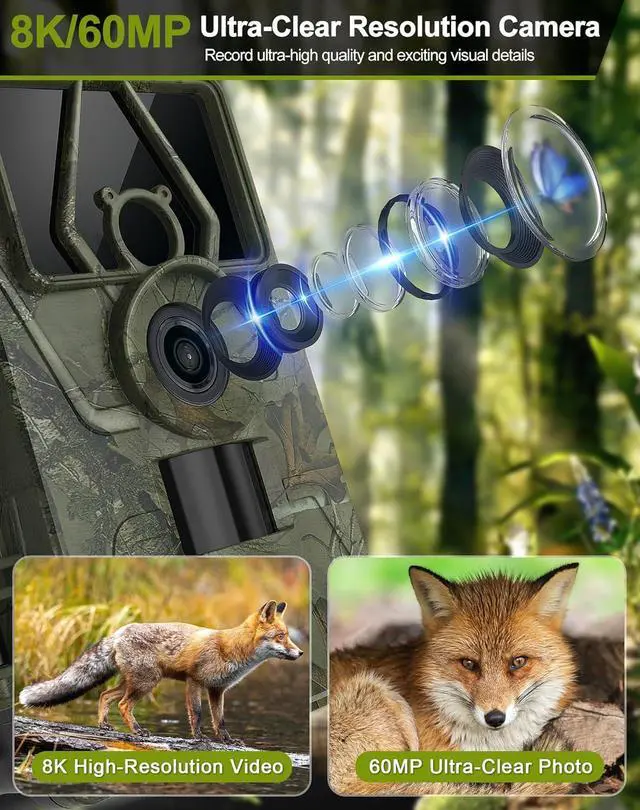 Alt view image 3 of 7 - Solar Trail Camera 8K 30FPS, 60MP Bluetooth WiFi Game Camera, APP Control Trail Cam, 120° Detection Angle/Night Vision/0.1S Trigger Motion Activated/IP66 Waterproof, Deer for Wildlife Farm