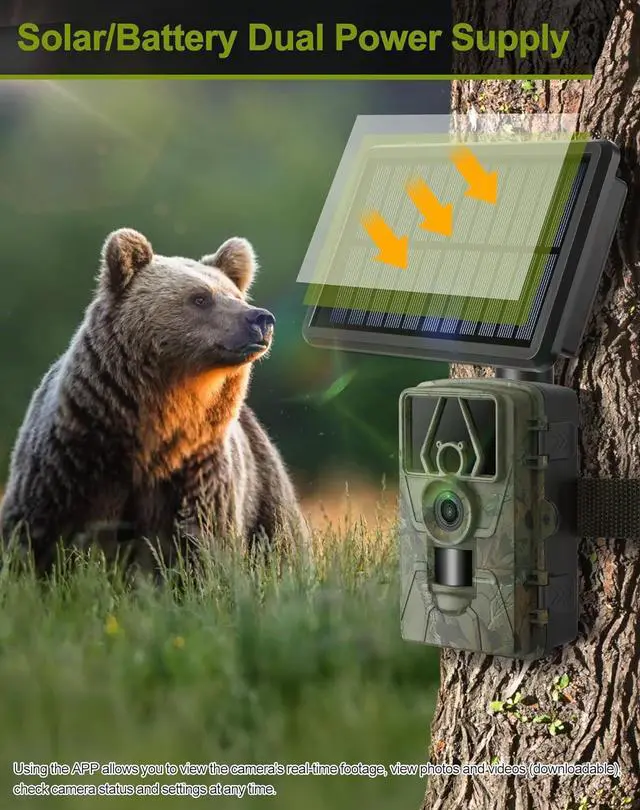 Alt view image 7 of 7 - Solar Trail Camera 8K 30FPS, 60MP Bluetooth WiFi Game Camera, APP Control Trail Cam, 120° Detection Angle/Night Vision/0.1S Trigger Motion Activated/IP66 Waterproof, Deer for Wildlife Farm