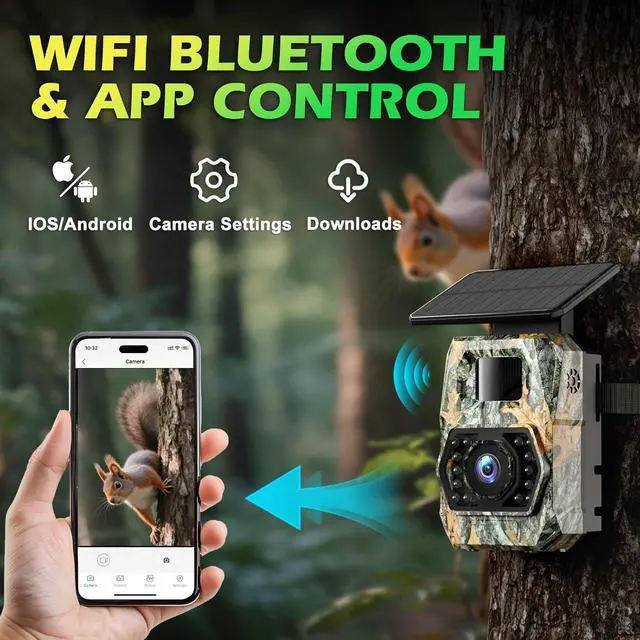 Alt view image 3 of 7 - Trail Camera Sends Pictures to Cell Phone, 60MP 4K Game Camera 0.1s Trigger, Solar Trail Camera with 5200mAh Battery, IP66 Waterproof with 32GB SD Card, Trail Cam for Outdoor Wildlife Detection