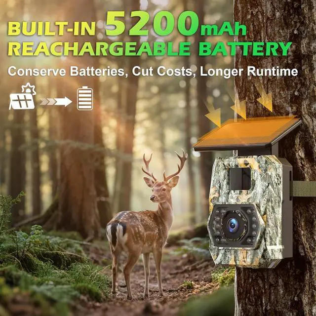 Alt view image 2 of 7 - Trail Camera Sends Pictures to Cell Phone, 60MP 4K Game Camera 0.1s Trigger, Solar Trail Camera with 5200mAh Battery, IP66 Waterproof with 32GB SD Card, Trail Cam for Outdoor Wildlife Detection