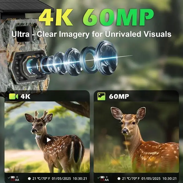 Alt view image 4 of 7 - Trail Camera Sends Pictures to Cell Phone, 60MP 4K Game Camera 0.1s Trigger, Solar Trail Camera with 5200mAh Battery, IP66 Waterproof with 32GB SD Card, Trail Cam for Outdoor Wildlife Detection