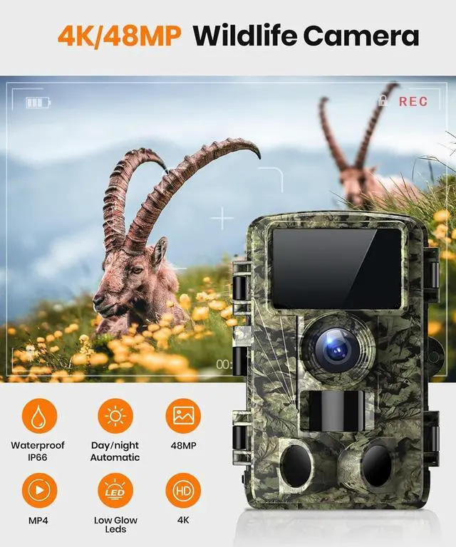 Alt view image 2 of 7 - 4K 48MP Trail Camera WiFi Game Camera with Low Glow Night Vision Motion Activated, Cell Phone App 130° 0.05s Trigger Speed for Outdoor Wildlife Deer,Green
