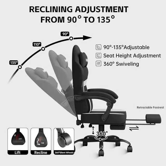 Alt view image 7 of 7 - HapGIFT Gaming Chairs, Computer Chair with Footrest and Massage Lumbar Support, Ergonomic Swivel Gamer Chair, Reclining Gaming Chairs with Armrests, Headrest for Adults, 300LBS, Black-White