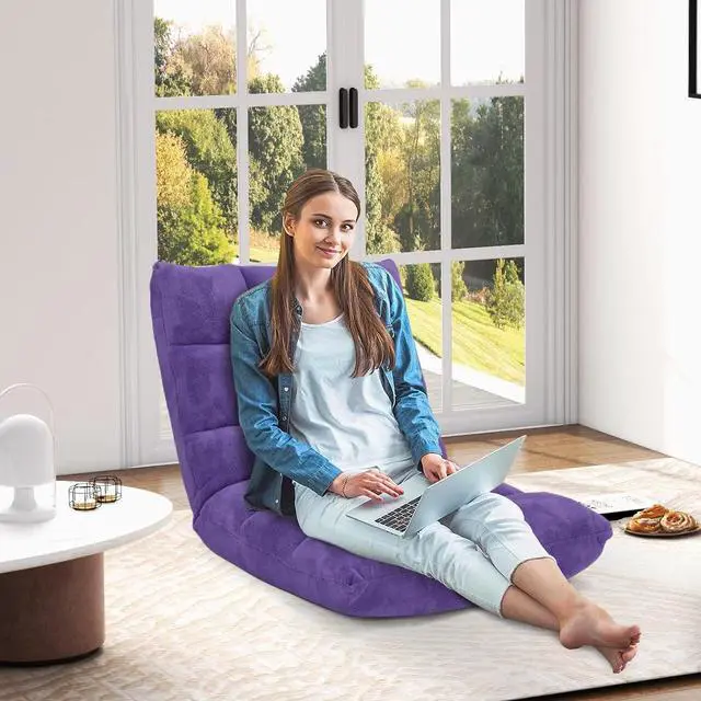 Alt view image 2 of 7 - 14-Position Floor Chair, Floor Gaming Chair w/Soft Coral Fleece, Alloy Steel Frame, Padded Lazy Couch Recliner, Floor Chair with Back Support for Reading, Meditating, Playing Game (Violet)