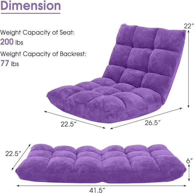 Alt view image 3 of 7 - 14-Position Floor Chair, Floor Gaming Chair w/Soft Coral Fleece, Alloy Steel Frame, Padded Lazy Couch Recliner, Floor Chair with Back Support for Reading, Meditating, Playing Game (Violet)