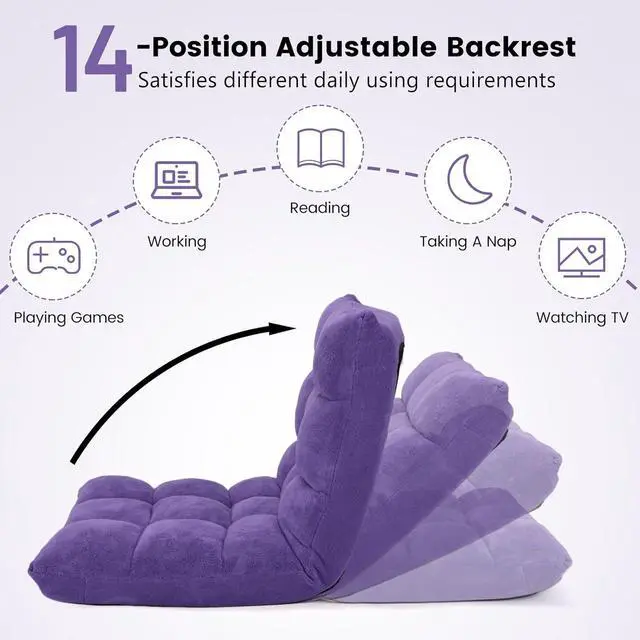 Alt view image 4 of 7 - 14-Position Floor Chair, Floor Gaming Chair w/Soft Coral Fleece, Alloy Steel Frame, Padded Lazy Couch Recliner, Floor Chair with Back Support for Reading, Meditating, Playing Game (Violet)