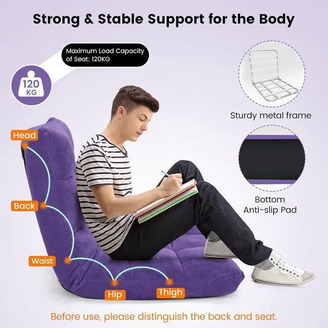 Alt view image 6 of 7 - 14-Position Floor Chair, Floor Gaming Chair w/Soft Coral Fleece, Alloy Steel Frame, Padded Lazy Couch Recliner, Floor Chair with Back Support for Reading, Meditating, Playing Game (Violet)