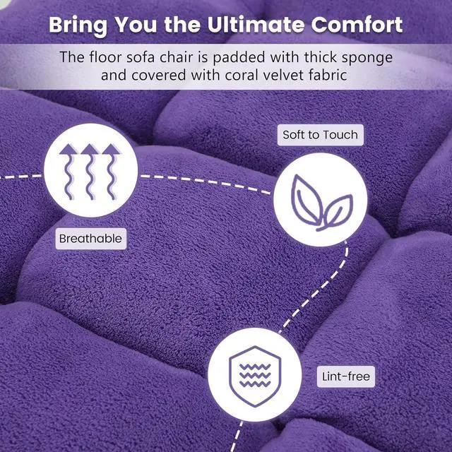 Alt view image 5 of 7 - 14-Position Floor Chair, Floor Gaming Chair w/Soft Coral Fleece, Alloy Steel Frame, Padded Lazy Couch Recliner, Floor Chair with Back Support for Reading, Meditating, Playing Game (Violet)