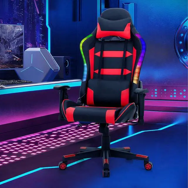 Alt view image 2 of 7 - RGB Gaming Chair, Ergonomic Video Game Chair with Led Light, High Back E-Sport Computer Chair Adjustable w/PVC Leather, Headrest & Lumbar Support (Red)