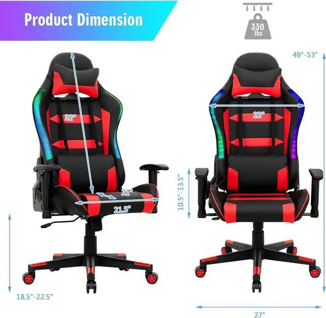 Alt view image 3 of 7 - RGB Gaming Chair, Ergonomic Video Game Chair with Led Light, High Back E-Sport Computer Chair Adjustable w/PVC Leather, Headrest & Lumbar Support (Red)