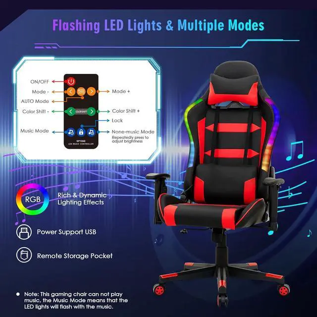 Alt view image 4 of 7 - RGB Gaming Chair, Ergonomic Video Game Chair with Led Light, High Back E-Sport Computer Chair Adjustable w/PVC Leather, Headrest & Lumbar Support (Red)
