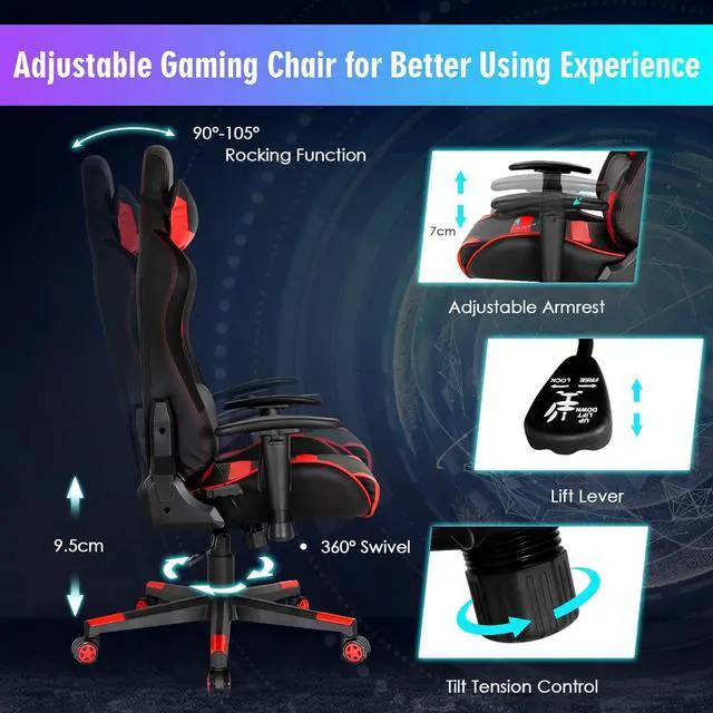 Alt view image 5 of 7 - RGB Gaming Chair, Ergonomic Video Game Chair with Led Light, High Back E-Sport Computer Chair Adjustable w/PVC Leather, Headrest & Lumbar Support (Red)