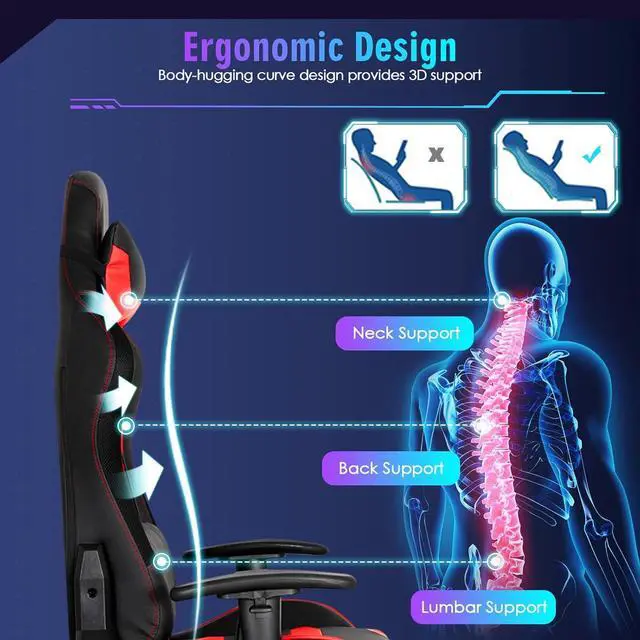 Alt view image 6 of 7 - RGB Gaming Chair, Ergonomic Video Game Chair with Led Light, High Back E-Sport Computer Chair Adjustable w/PVC Leather, Headrest & Lumbar Support (Red)