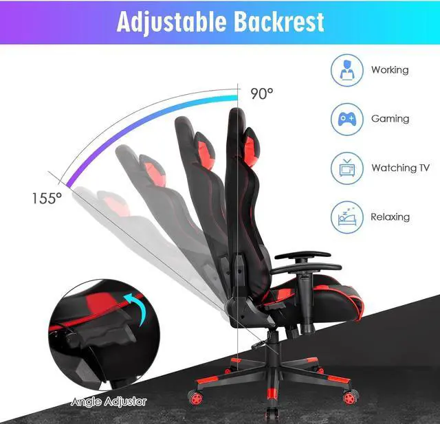 Alt view image 7 of 7 - RGB Gaming Chair, Ergonomic Video Game Chair with Led Light, High Back E-Sport Computer Chair Adjustable w/PVC Leather, Headrest & Lumbar Support (Red)