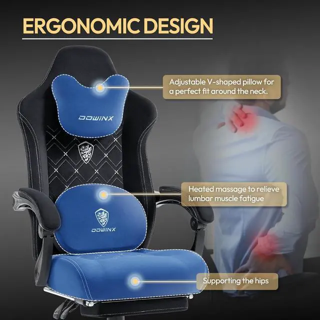 Alt view image 7 of 7 - Gaming Chair with Heated Massage Lumbar Support,Big and Tall Fabric Gaming Chairs for Adults with Footrest, Ergonomic Computer Game Chair with Poket Spring Cushions, 350lbs, Black and White
