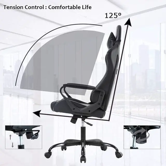 Alt view image 5 of 7 - Gaming Chair, Office Chair Computer Racing Chair Ergonomic Video Game Chairs for Adult Kids Teen Height Adjustable Reclining Chair with Lumbar Support Armrest Headrest Swivel Chair Black