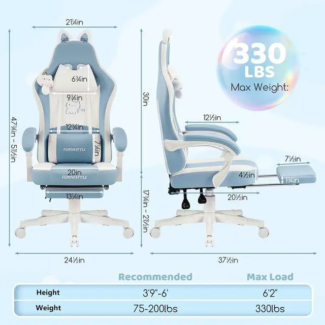 Alt view image 2 of 7 - Gaming Chairs, Comfy Video Game Chair for Adults with Cat Ears Pocket Spring Cushion Massage Lumbar Support & Headrest, Ringing Accessories Cute Leather Ergonomic Computer Chair for Girls, Blue/White
