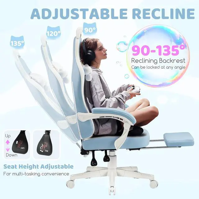 Alt view image 3 of 7 - Gaming Chairs, Comfy Video Game Chair for Adults with Cat Ears Pocket Spring Cushion Massage Lumbar Support & Headrest, Ringing Accessories Cute Leather Ergonomic Computer Chair for Girls, Blue/White