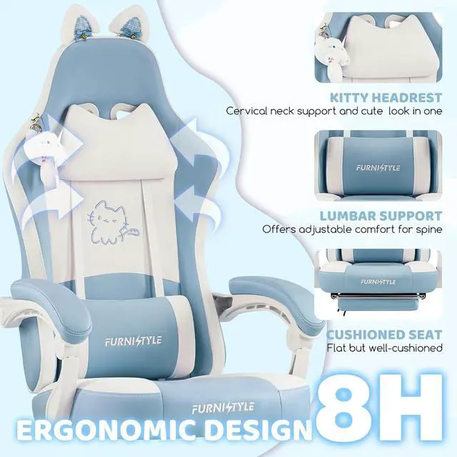 Alt view image 5 of 7 - Gaming Chairs, Comfy Video Game Chair for Adults with Cat Ears Pocket Spring Cushion Massage Lumbar Support & Headrest, Ringing Accessories Cute Leather Ergonomic Computer Chair for Girls, Blue/White