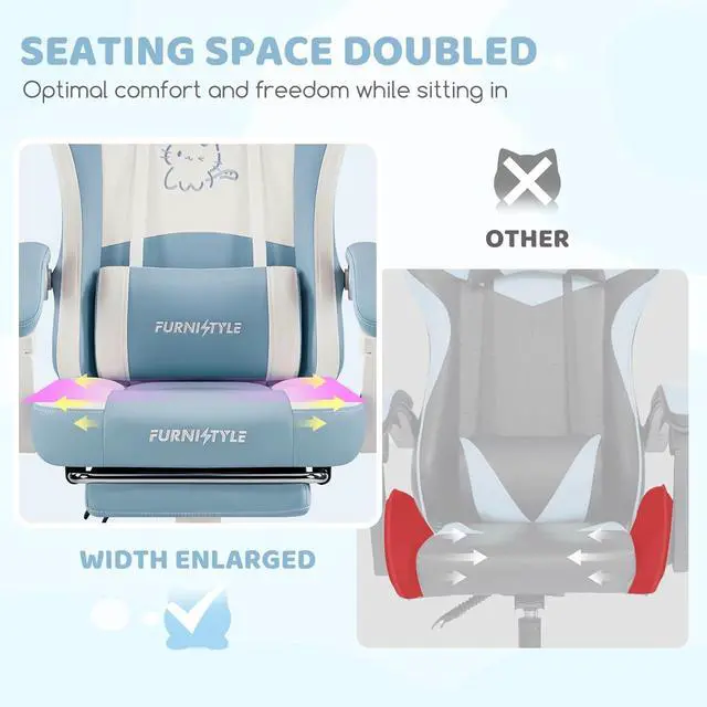Alt view image 6 of 7 - Gaming Chairs, Comfy Video Game Chair for Adults with Cat Ears Pocket Spring Cushion Massage Lumbar Support & Headrest, Ringing Accessories Cute Leather Ergonomic Computer Chair for Girls, Blue/White