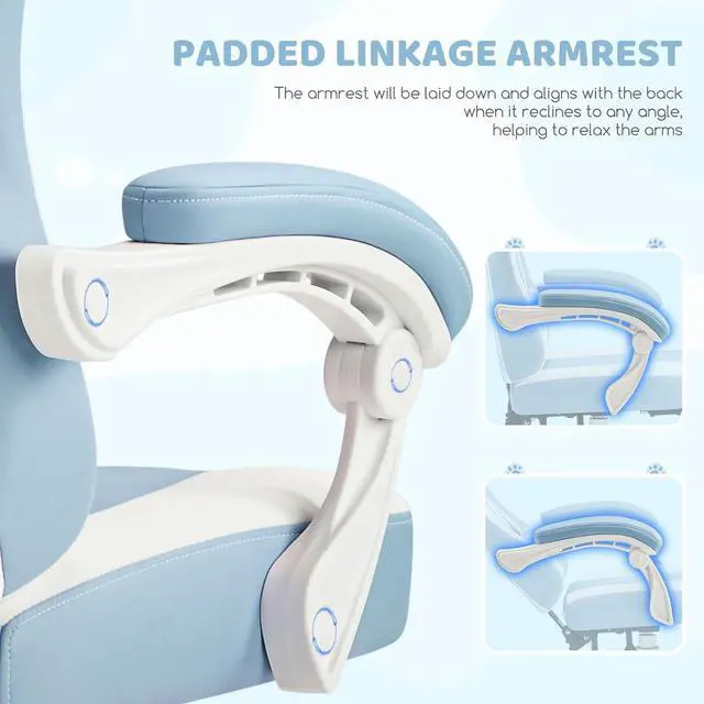 Alt view image 7 of 7 - Gaming Chairs, Comfy Video Game Chair for Adults with Cat Ears Pocket Spring Cushion Massage Lumbar Support & Headrest, Ringing Accessories Cute Leather Ergonomic Computer Chair for Girls, Blue/White