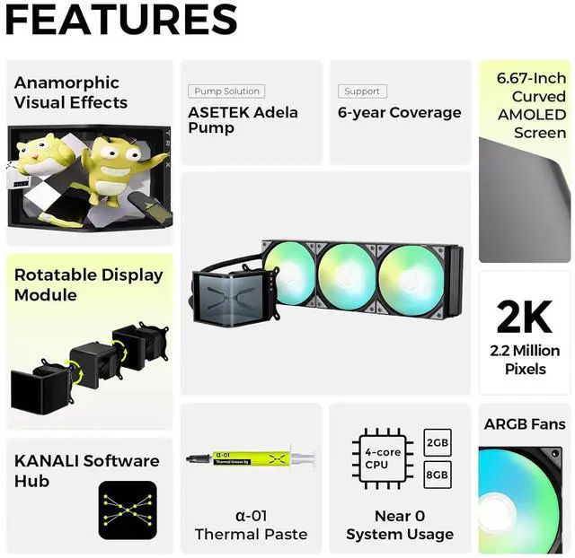 Alt view image 2 of 7 - Panorama SE 360 ARGB 360mm AIO Rotatable 6.67'' AMOLED Curved Screen 3D Anamorphic Effect Customizable AIO Cooler 360mm Asetek Adela Pump 280w TDP ARGB Fan  LGA 1851/1700 AMD AM5/AM4