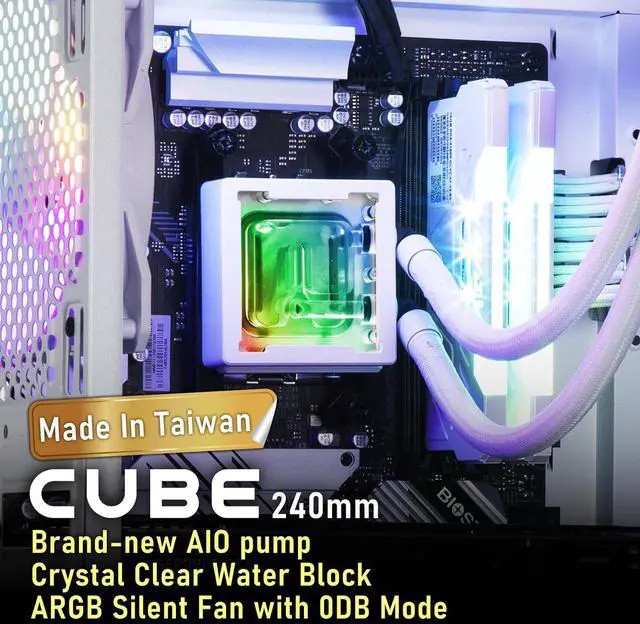 Alt view image 2 of 7 - Cube AIO ARGB CPU Liquid Cooler 240mm Radiator White,  LGA1700/AMD AM5 Ready, Innovative Pump with Lift of 1.8 M/high Efficiency 5500RPM/ Silent 15DB, Made in Taiwan