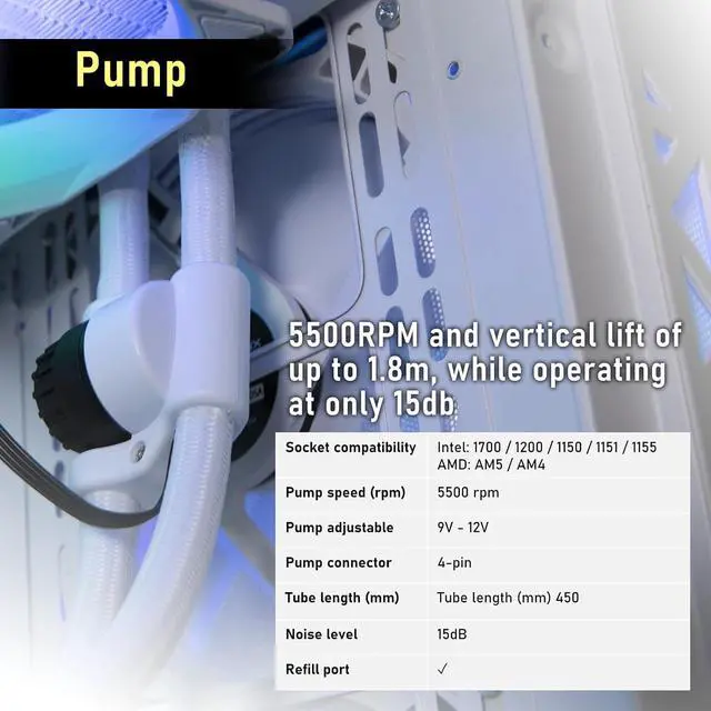Alt view image 3 of 7 - Cube AIO ARGB CPU Liquid Cooler 240mm Radiator White,  LGA1700/AMD AM5 Ready, Innovative Pump with Lift of 1.8 M/high Efficiency 5500RPM/ Silent 15DB, Made in Taiwan