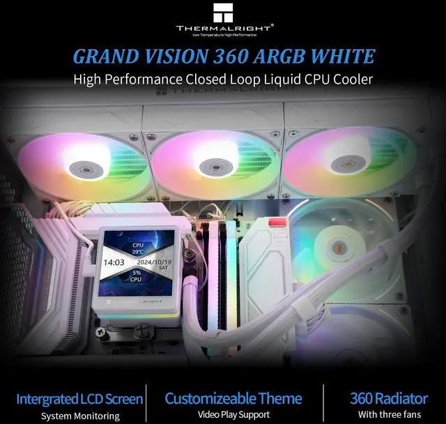 Alt view image 2 of 6 - Grand Vision 360 ARGB White CPU AIO Cooler,PC 360 Specification Water Cooler System,IPS LCD Screen with 480x480 Resolution and 3.4inch,for AM4/AM5& LGA1700/1851