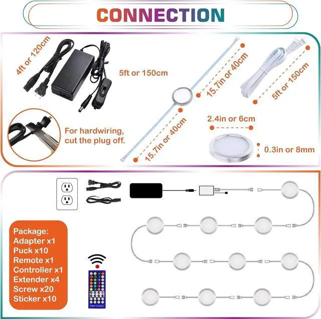 Alt view image 2 of 7 - RGBWW Under Counter Light, LED Pucks for Holiday Decor Lighting, Red Green Blue & Warm White Color Changing, Remote Dimmable, Linkable, 110V Direct Hard Wired & Plug-in, 10 Lights