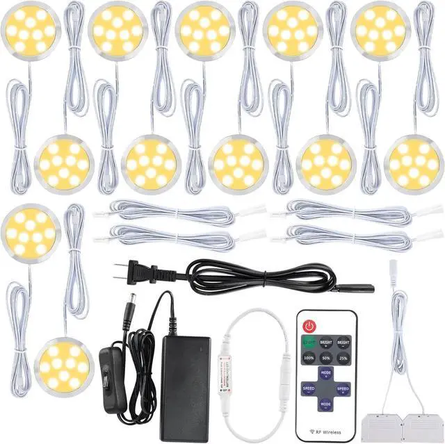 Main image of Bookshelf Accent Lighting, Under Cabinet LED Puck Lights, 110V Direct Electric Wired & Wall Plugged in, Wireless Remote Dimmable, 12-Way Octopus Junction Box, 12 Lights, Warm White