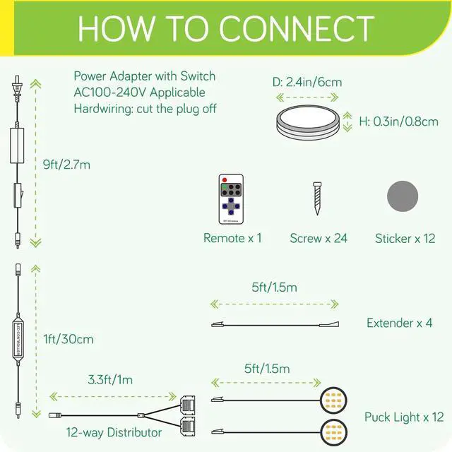 Alt view image 2 of 7 - Bookshelf Accent Lighting, Under Cabinet LED Puck Lights, 110V Direct Electric Wired & Wall Plugged in, Wireless Remote Dimmable, 12-Way Octopus Junction Box, 12 Lights, Warm White