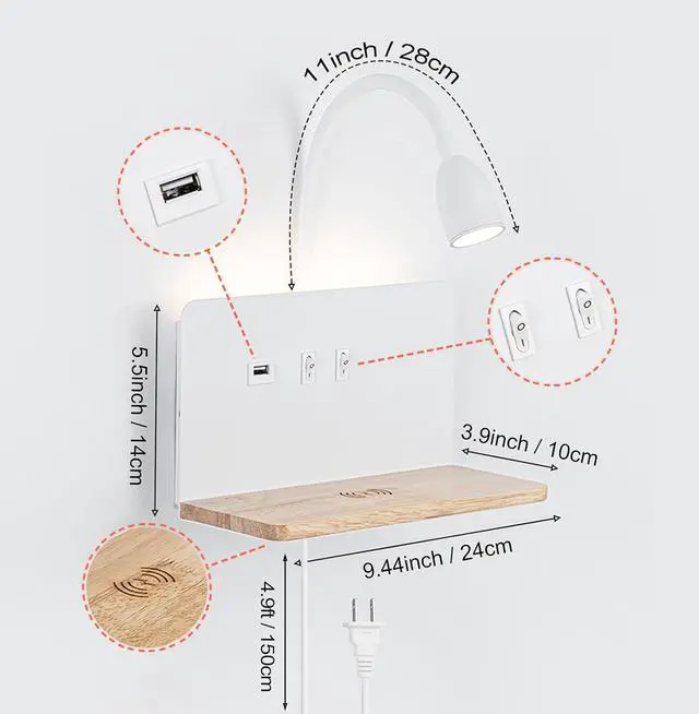 Alt view image 2 of 7 - Bedside Wall Sconces with Wireless Charging Station & USB Charging, 3 Adjustable Color Temperatures LED Reading Lamp, 3000K Warm Backlight, Wall Mounted Sconce for Bedroom, Plug-in or Hardwired