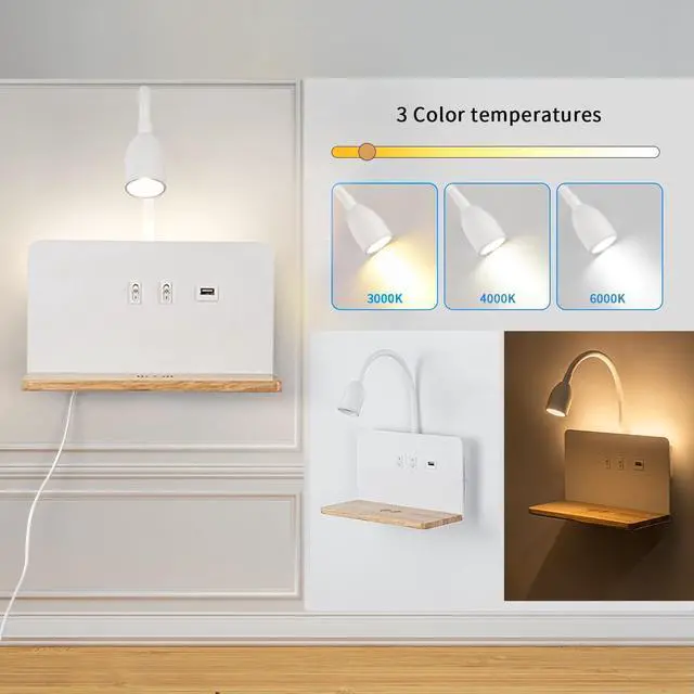 Alt view image 3 of 7 - Bedside Wall Sconces with Wireless Charging Station & USB Charging, 3 Adjustable Color Temperatures LED Reading Lamp, 3000K Warm Backlight, Wall Mounted Sconce for Bedroom, Plug-in or Hardwired