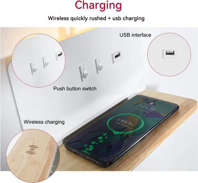 Alt view image 4 of 7 - Bedside Wall Sconces with Wireless Charging Station & USB Charging, 3 Adjustable Color Temperatures LED Reading Lamp, 3000K Warm Backlight, Wall Mounted Sconce for Bedroom, Plug-in or Hardwired