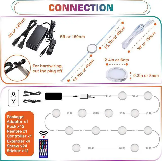 Alt view image 2 of 7 - RGBWW LED Closet Light, Hutch Bookshelf Showcase Display Lighting, Multi Color Chaneable & Warm White, Remote Dimmer, Daisy Chained Linkable Pucks, 120V Hard Wiring & Plug in, 12 Lights