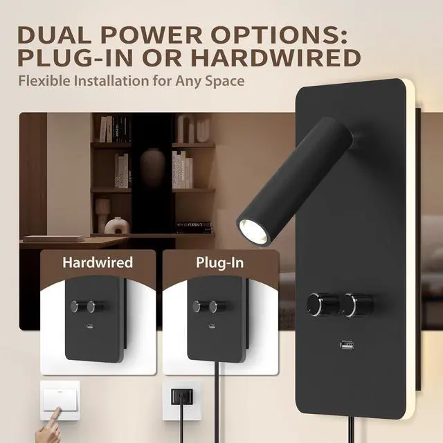 Alt view image 2 of 7 - M04 Dimmable Wall Mount Reading Light,Adjustable 0.9-3.7W LED Wall Mounted Reading Lamp with Adjustable 1.2-6W Backlight,Wall Sconces with USB Port,Wall Lamps for Bedroom(Black)