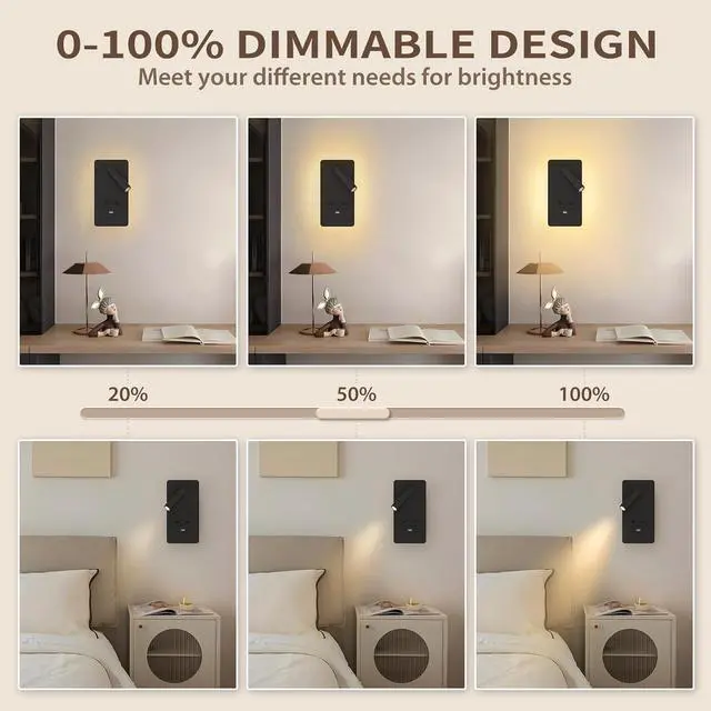 Alt view image 3 of 7 - M04 Dimmable Wall Mount Reading Light,Adjustable 0.9-3.7W LED Wall Mounted Reading Lamp with Adjustable 1.2-6W Backlight,Wall Sconces with USB Port,Wall Lamps for Bedroom(Black)